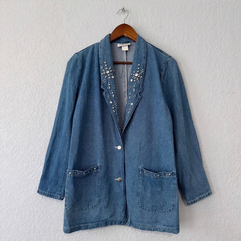 pado vintage embellished blue denim jean blazer jacket size medium